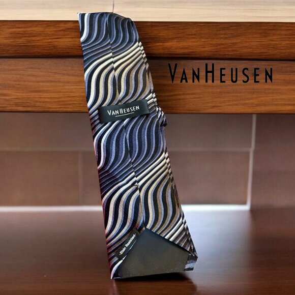 Van Heusen 100% Silk Geometric Swirls Blue & Grey Men's Tie - Picture 2 of 6